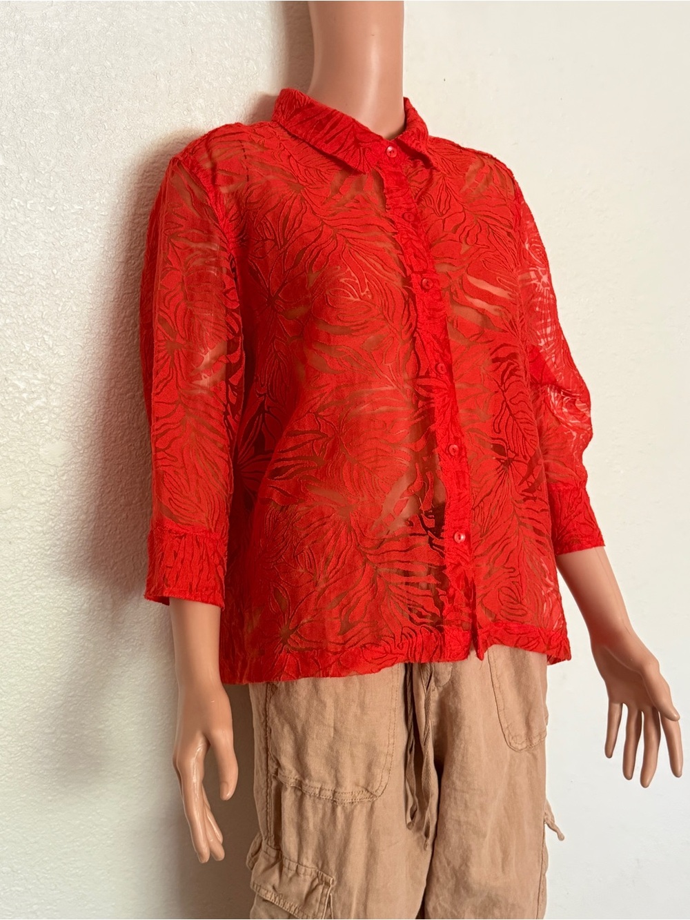 Notations Blood Orange Sheer Floral Button up size XL Petite